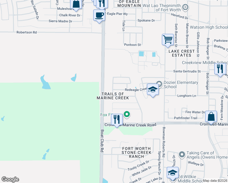 map of restaurants, bars, coffee shops, grocery stores, and more near 6709 Coolwater Trail in Fort Worth