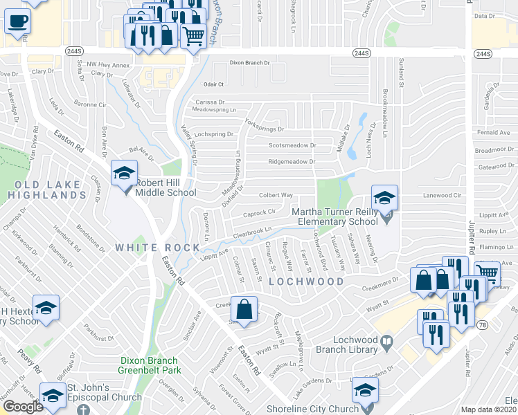 map of restaurants, bars, coffee shops, grocery stores, and more near 10847 Caprock Circle in Dallas