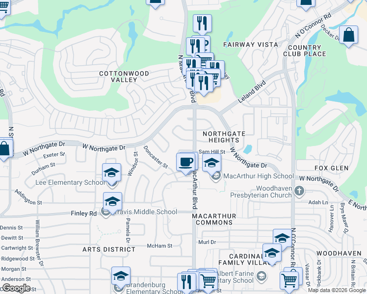 map of restaurants, bars, coffee shops, grocery stores, and more near 1115 North Edwards Court in Irving
