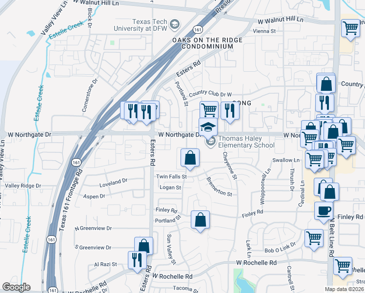 map of restaurants, bars, coffee shops, grocery stores, and more near 3529 Portland Street in Irving
