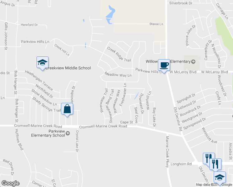 map of restaurants, bars, coffee shops, grocery stores, and more near 6437 Rainwater Way in Fort Worth