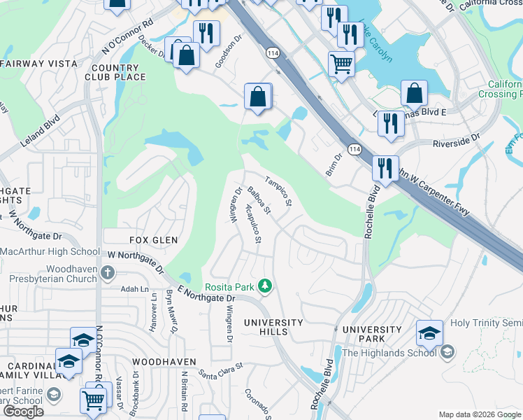 map of restaurants, bars, coffee shops, grocery stores, and more near 304 Balboa St in Irving