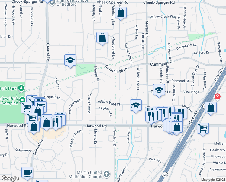 map of restaurants, bars, coffee shops, grocery stores, and more near 3124 Meadow Wood Lane in Bedford