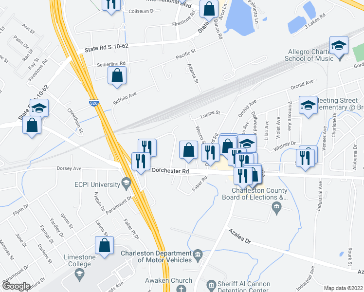 map of restaurants, bars, coffee shops, grocery stores, and more near 2524 Oscar Johnson Drive in North Charleston