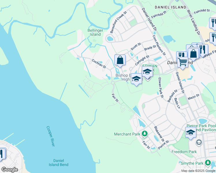 map of restaurants, bars, coffee shops, grocery stores, and more near 1 Seven Farms Drive in Charleston