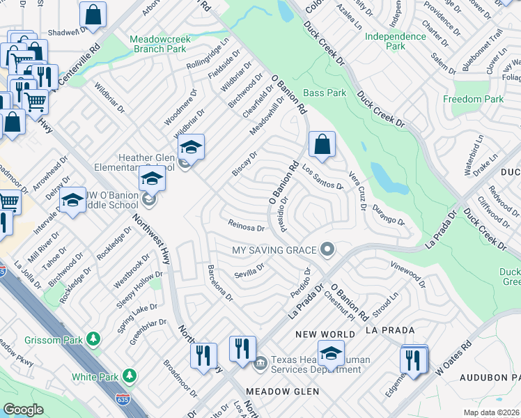 map of restaurants, bars, coffee shops, grocery stores, and more near 5338 Heather Glen Drive in Garland