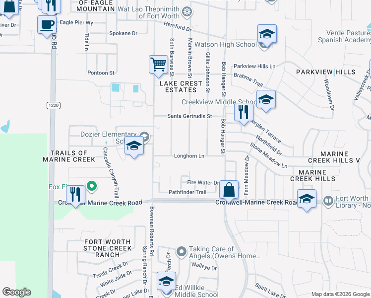 map of restaurants, bars, coffee shops, grocery stores, and more near 6513 Marvin Brown Street in Fort Worth