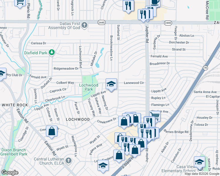 map of restaurants, bars, coffee shops, grocery stores, and more near 11239 Lippitt Avenue in Dallas