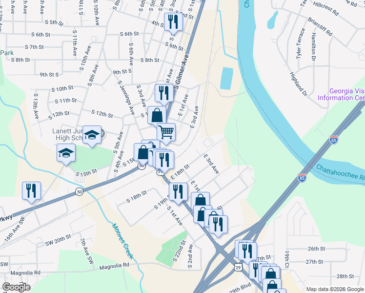 map of restaurants, bars, coffee shops, grocery stores, and more near 1221 East 3rd Avenue in Lanett