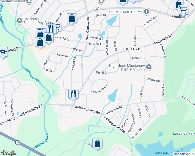 map of restaurants, bars, coffee shops, grocery stores, and more near 230 Bradstone Circle in Macon