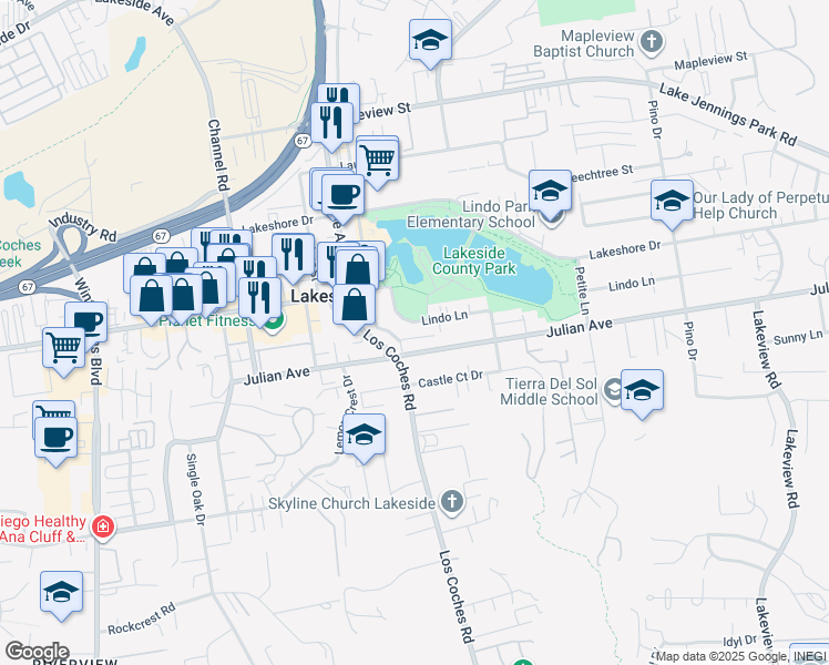 map of restaurants, bars, coffee shops, grocery stores, and more near 12617 Lindo Lane in Lakeside