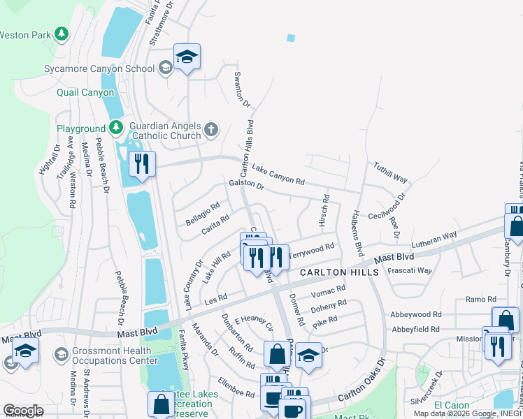 map of restaurants, bars, coffee shops, grocery stores, and more near 9768 Domer Road in Santee