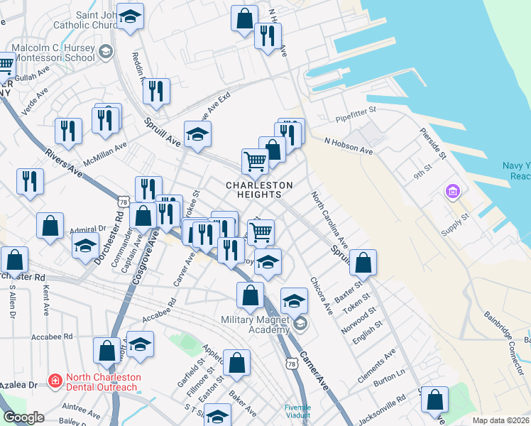 map of restaurants, bars, coffee shops, grocery stores, and more near 1914 Grayson Street in North Charleston