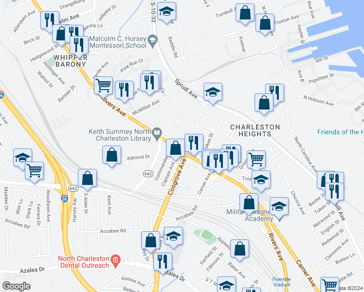 map of restaurants, bars, coffee shops, grocery stores, and more near 3400 Rivers Avenue in North Charleston