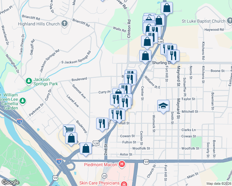 map of restaurants, bars, coffee shops, grocery stores, and more near 1091 Clinton Road in Macon