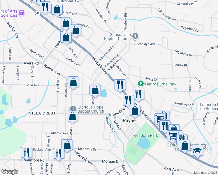map of restaurants, bars, coffee shops, grocery stores, and more near 3404 Vineville Avenue in Macon