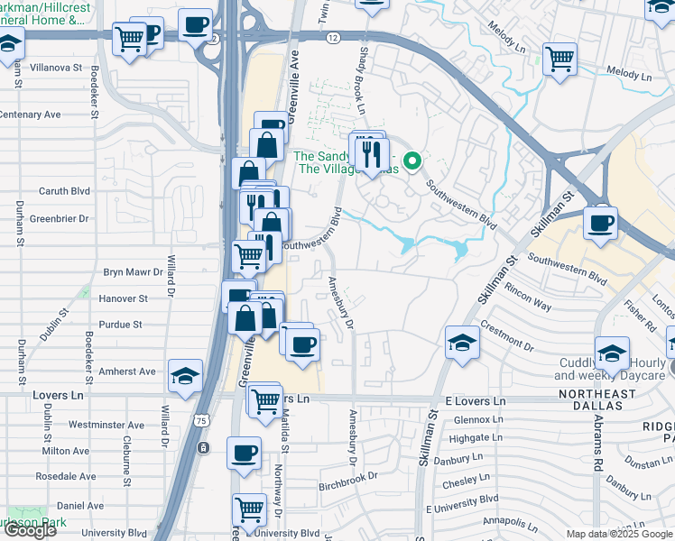 map of restaurants, bars, coffee shops, grocery stores, and more near 5454 Amesbury Drive in Dallas