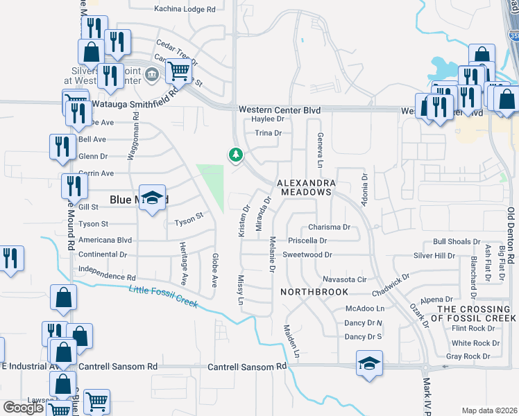 map of restaurants, bars, coffee shops, grocery stores, and more near 6204 Kristen Drive in Fort Worth