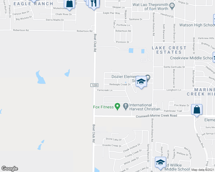 map of restaurants, bars, coffee shops, grocery stores, and more near 6709 Coolwater Trail in Fort Worth