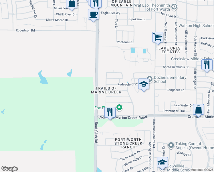 map of restaurants, bars, coffee shops, grocery stores, and more near 6709 Coolwater Trail in Fort Worth