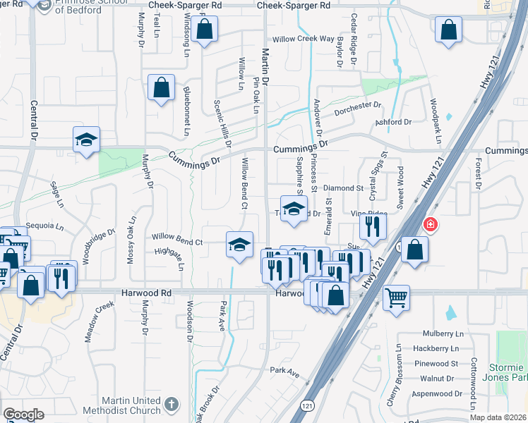 map of restaurants, bars, coffee shops, grocery stores, and more near 3128 Wayfarer Road in Bedford