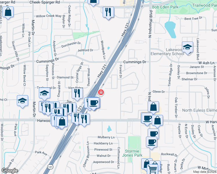 map of restaurants, bars, coffee shops, grocery stores, and more near 3200 Ladera Drive in Bedford