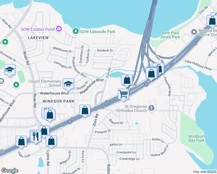 map of restaurants, bars, coffee shops, grocery stores, and more near 5026 Zion Road in Garland