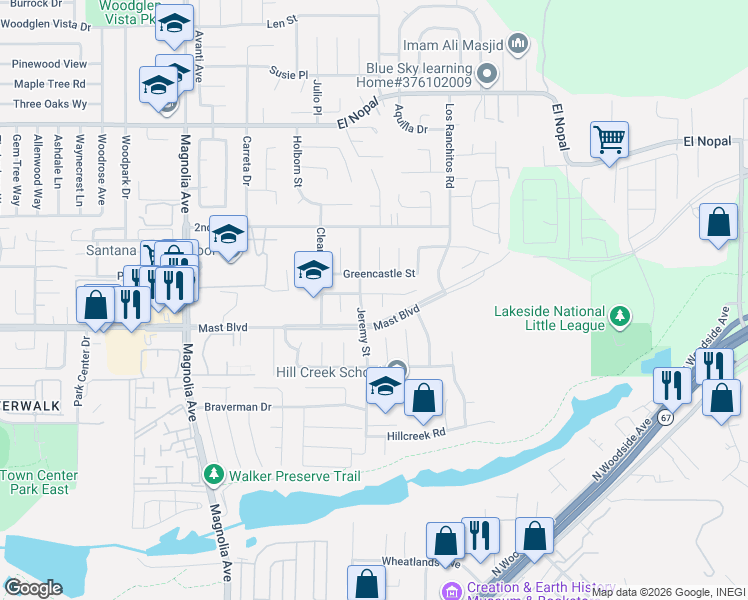 map of restaurants, bars, coffee shops, grocery stores, and more near 10835 Grand Fork Drive in Santee