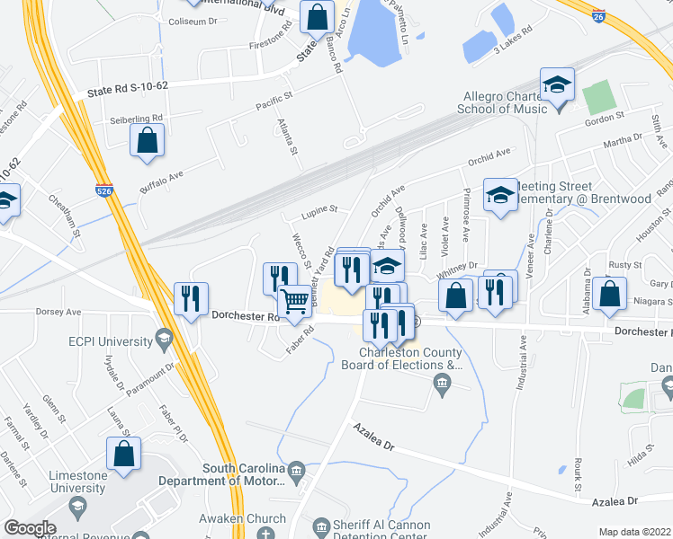 map of restaurants, bars, coffee shops, grocery stores, and more near 4416 Spur Street in North Charleston