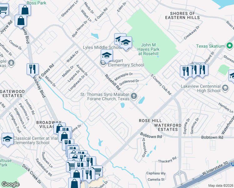 map of restaurants, bars, coffee shops, grocery stores, and more near 914 Meadow Flower Ln in Garland