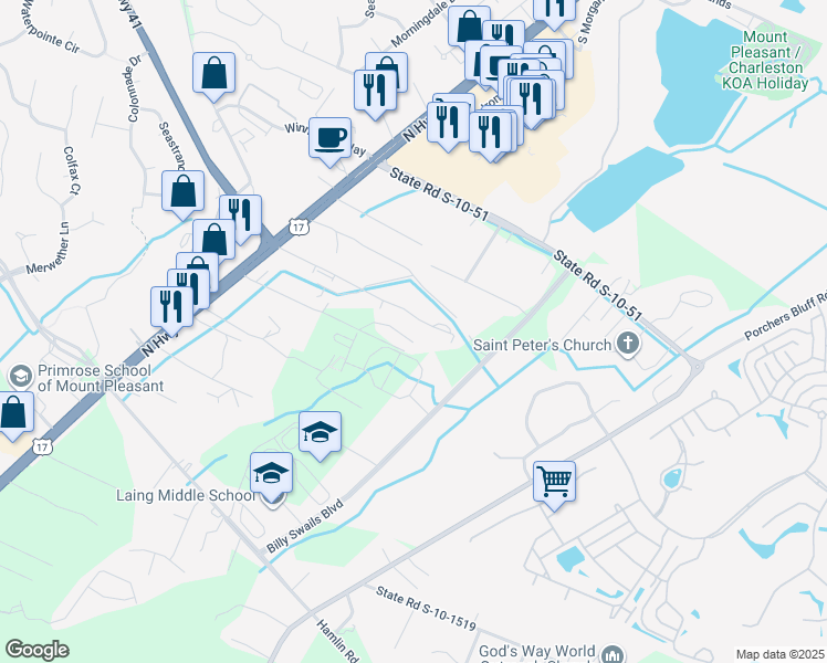 map of restaurants, bars, coffee shops, grocery stores, and more near 1202 Crystal Road in Mount Pleasant