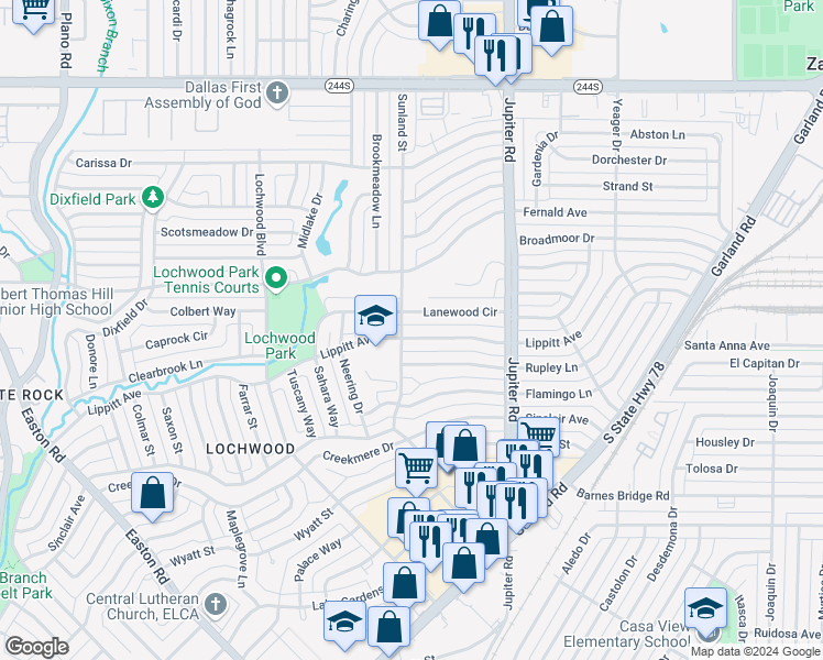 map of restaurants, bars, coffee shops, grocery stores, and more near 11307 Lippitt Avenue in Dallas
