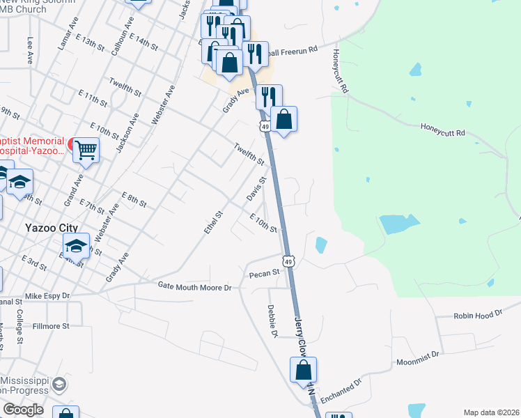 map of restaurants, bars, coffee shops, grocery stores, and more near 1022 Mitchell Street in Yazoo City