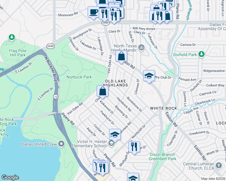 map of restaurants, bars, coffee shops, grocery stores, and more near 420 Hambrick Road in Dallas