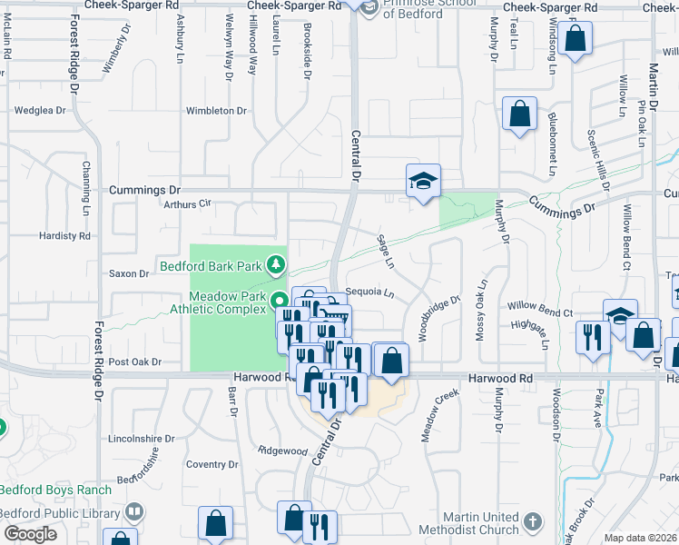 map of restaurants, bars, coffee shops, grocery stores, and more near 3053 Richwood Circle in Bedford