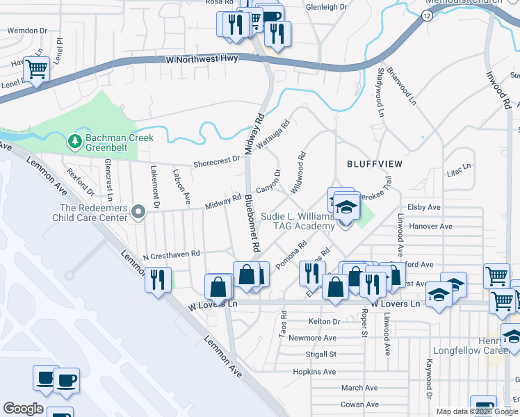 map of restaurants, bars, coffee shops, grocery stores, and more near 8510 Blue Bonnet Road in Dallas