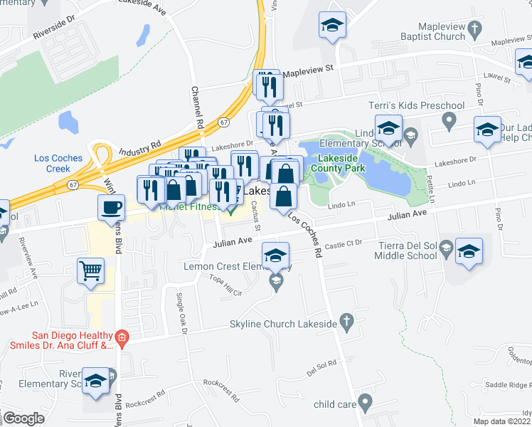 map of restaurants, bars, coffee shops, grocery stores, and more near 9735 Cactus Street in Lakeside