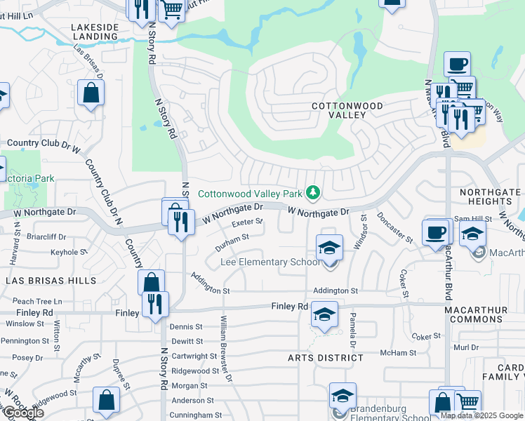 map of restaurants, bars, coffee shops, grocery stores, and more near 1814 West Northgate Drive in Irving