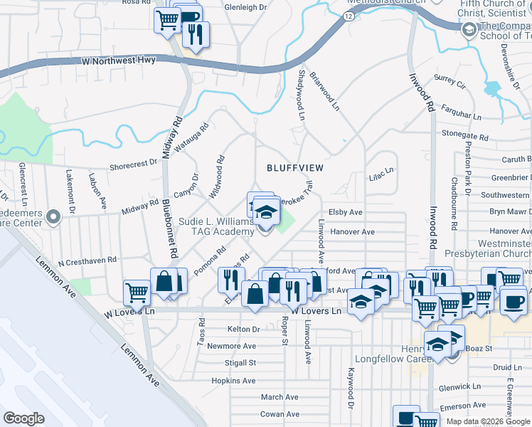 map of restaurants, bars, coffee shops, grocery stores, and more near 4521 Pomona Road in Dallas