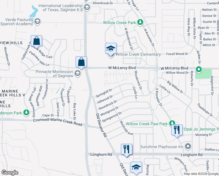 map of restaurants, bars, coffee shops, grocery stores, and more near 1082 Springhill Drive in Fort Worth