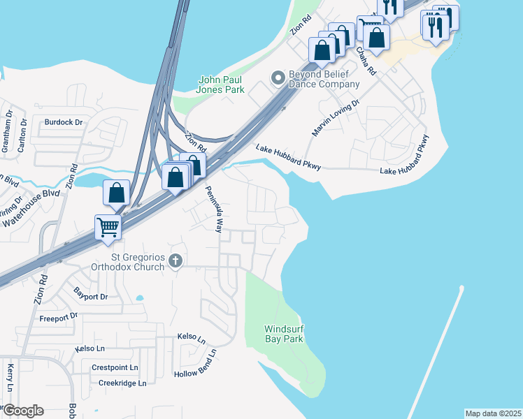 map of restaurants, bars, coffee shops, grocery stores, and more near 4920 Captains Place in Garland
