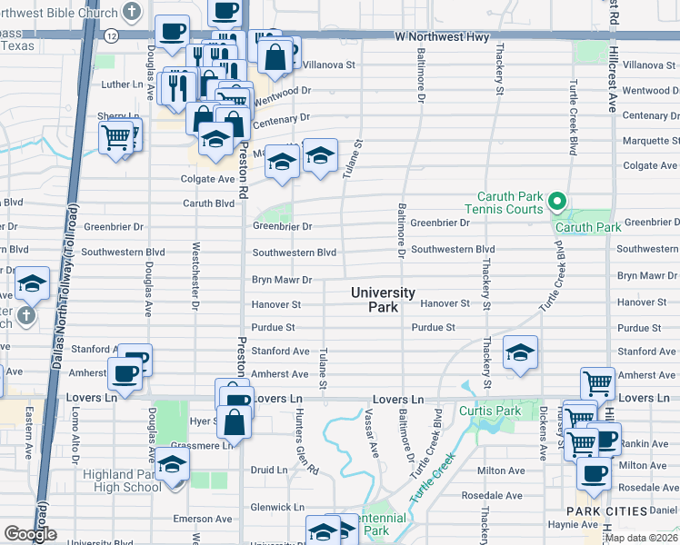 map of restaurants, bars, coffee shops, grocery stores, and more near 3900 Bryn Mawr Drive in Dallas
