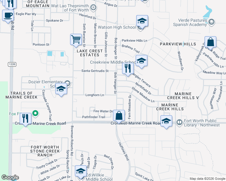 map of restaurants, bars, coffee shops, grocery stores, and more near 6509 Bob Hanger Street in Fort Worth