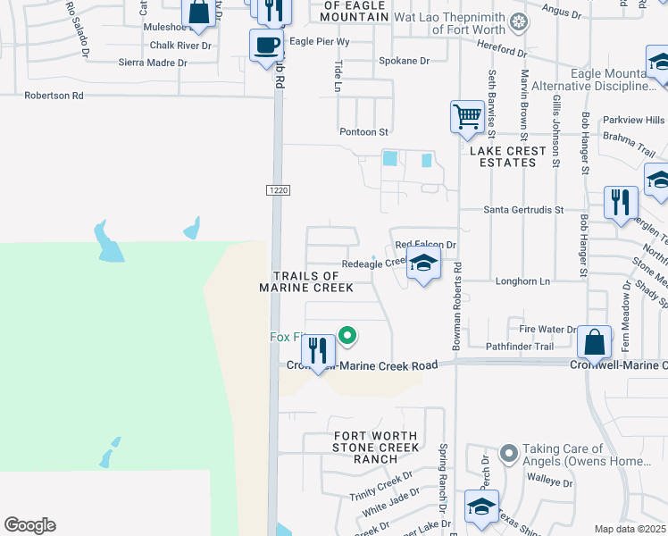 map of restaurants, bars, coffee shops, grocery stores, and more near 6341 Redeagle Creek Drive in Fort Worth
