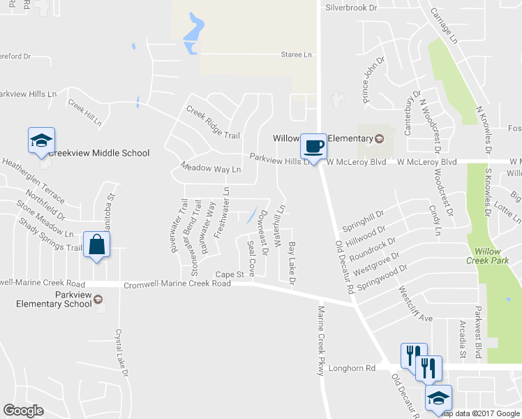 map of restaurants, bars, coffee shops, grocery stores, and more near 6453 Downeast Drive in Fort Worth