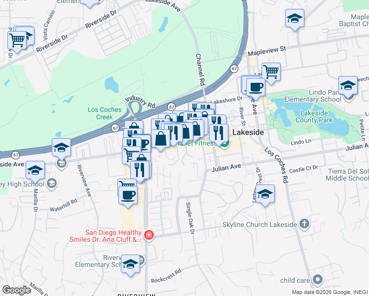 map of restaurants, bars, coffee shops, grocery stores, and more near 12243 Woodside Avenue in Lakeside