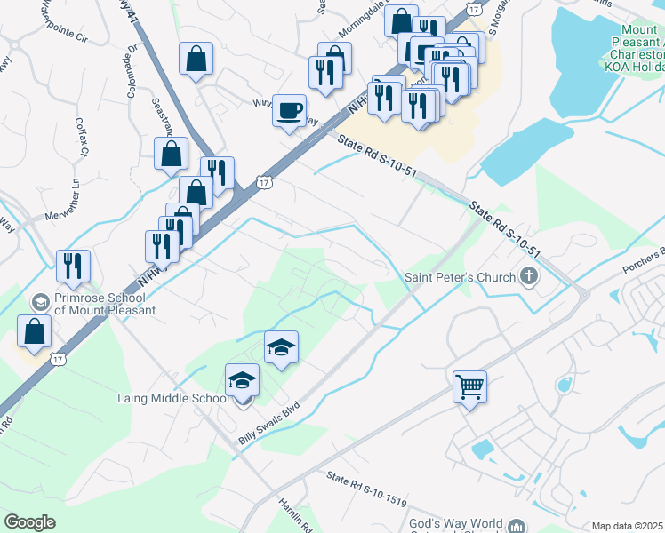 map of restaurants, bars, coffee shops, grocery stores, and more near 1223 Crystal Road in Mount Pleasant