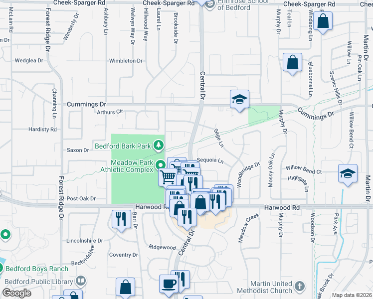 map of restaurants, bars, coffee shops, grocery stores, and more near 3053 Richwood Circle in Bedford