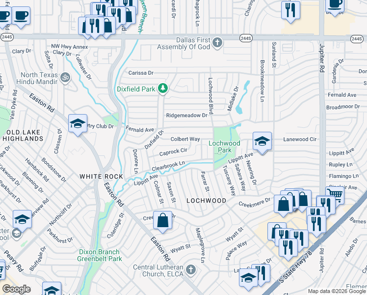map of restaurants, bars, coffee shops, grocery stores, and more near 10882 Caprock Circle in Dallas