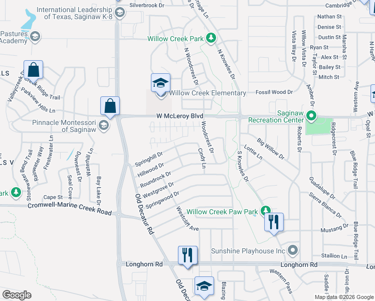 map of restaurants, bars, coffee shops, grocery stores, and more near 1036 Hillwood Drive in Saginaw